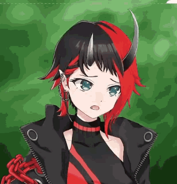 a girl with red hair and horns is wearing a black jacket and a black sweater .