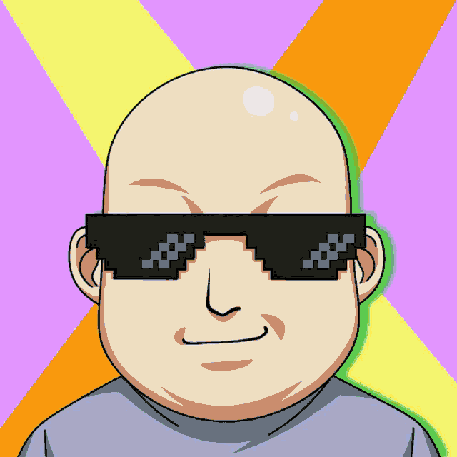 a cartoon of a bald man wearing sunglasses and a blue shirt
