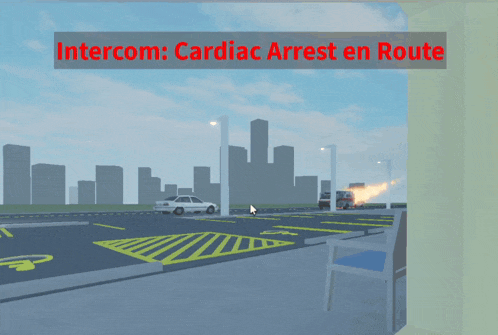 an ambulance with flames coming out of it and the words intercom cardiac arrest on route below it