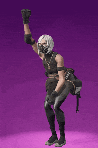 a woman in a mask is dancing on a pink background