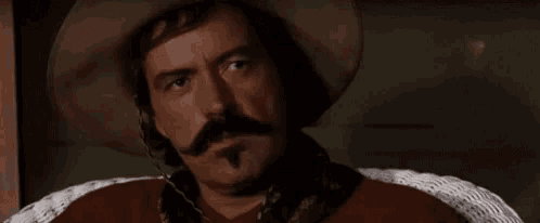 a man with a hat and mustache is sitting in a wicker chair and saying well .
