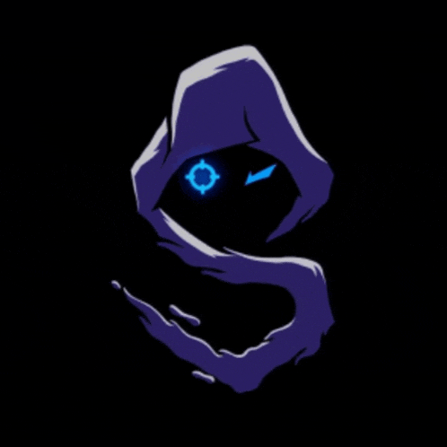 a cartoon drawing of a person with a hood and glowing eyes