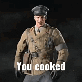 a man in a military uniform is standing in front of a black background with the words `` you cooked '' .