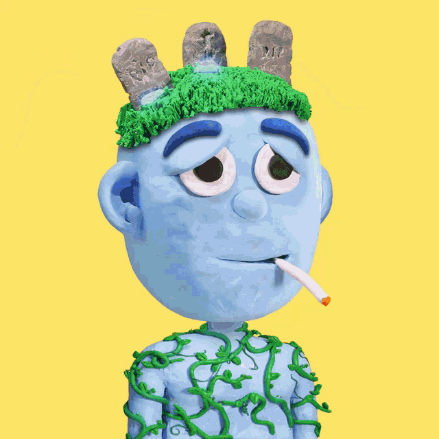 a cartoon character smoking a cigarette with gravestones on his head and flowers around his neck