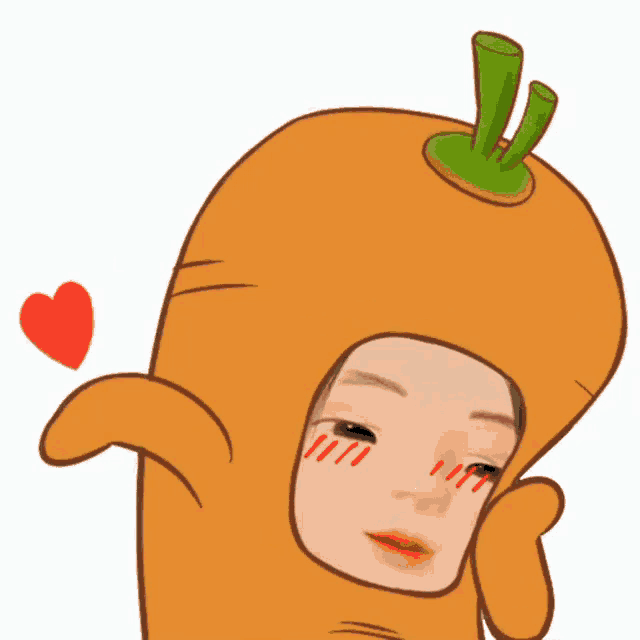 a woman in a carrot costume with a red heart behind her