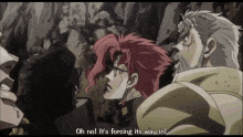 a man with red hair is talking to another man in a cartoon .