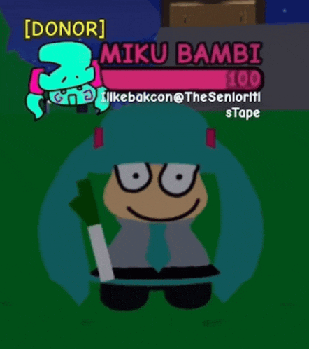 a cartoon character named miku bambi is holding a knife