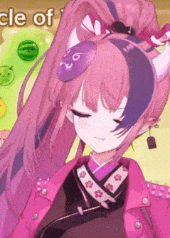 a close up of a girl with long pink hair and horns wearing a pink jacket .
