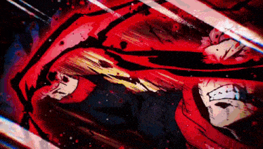 a close up of a person 's face with blood coming out of it and a red background .