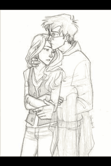 a pencil drawing of harry potter and hermione granger hugging each other on a white background .