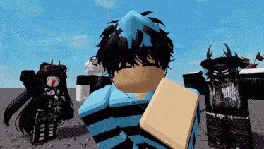 a boy in a blue and black striped shirt is standing next to a girl with horns
