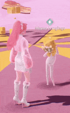 a girl with pink hair is standing next to a white cat with long legs