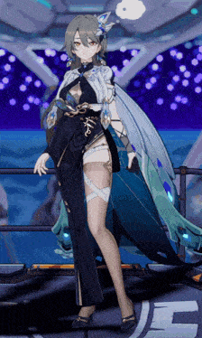 a girl in a black and white dress with a peacock on her head