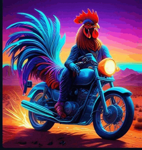 a colorful rooster is riding a motorcycle