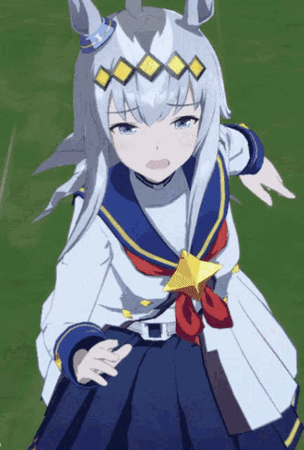 a girl with white hair and a blue and yellow sailor uniform