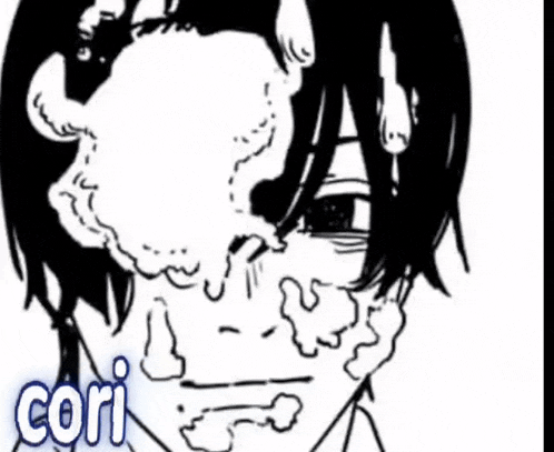a black and white drawing of a person with the word cori written on their face .