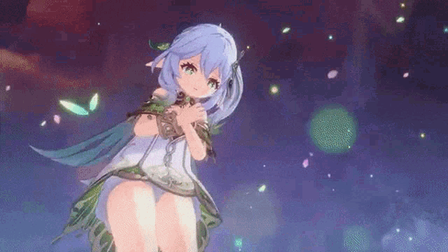 a girl with long blue hair and green leaves is standing in the dark .