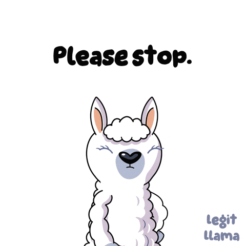 a cartoon llama is waving with the words please stop