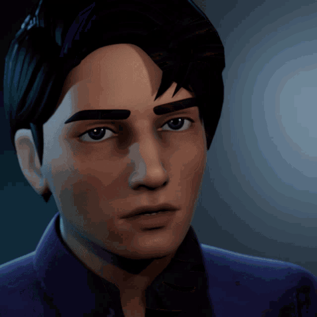 a close up of a man 's face with a blue shirt