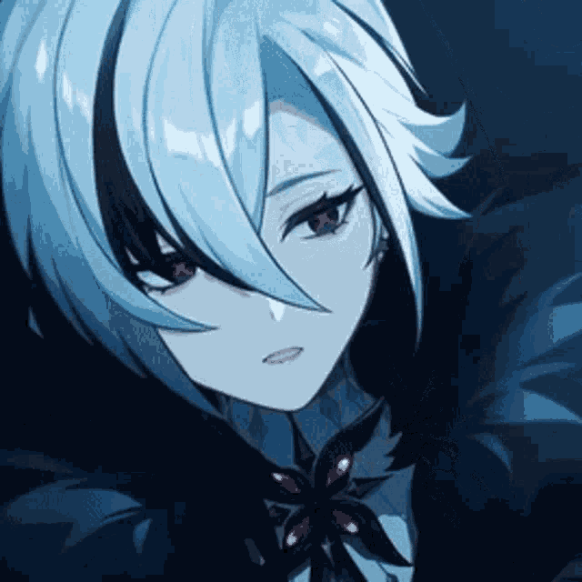 a close up of a anime character with blue hair and red eyes
