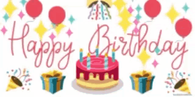 a happy birthday banner with a birthday cake , gifts , balloons and confetti .