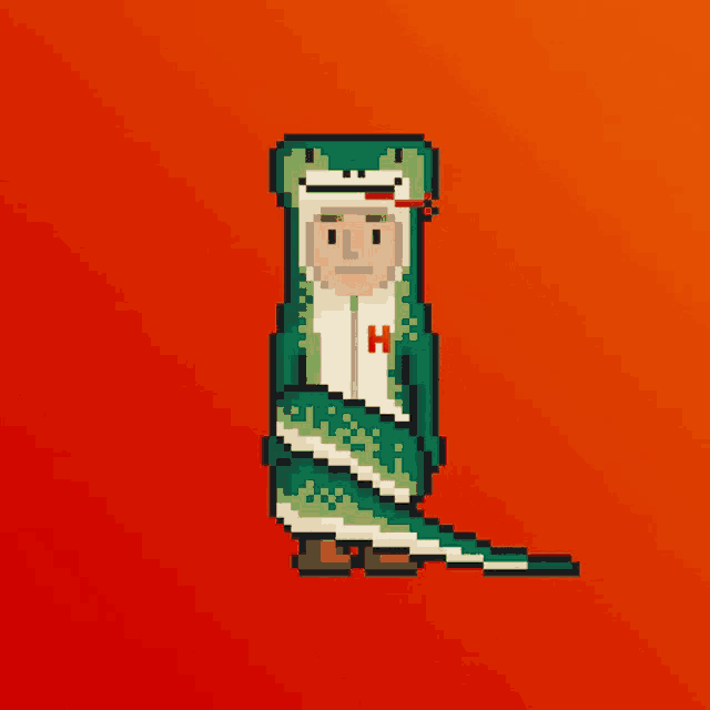 a pixel art of a man in a snake costume