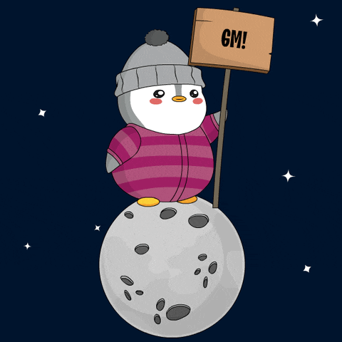 a cartoon penguin holding a sign that says gm