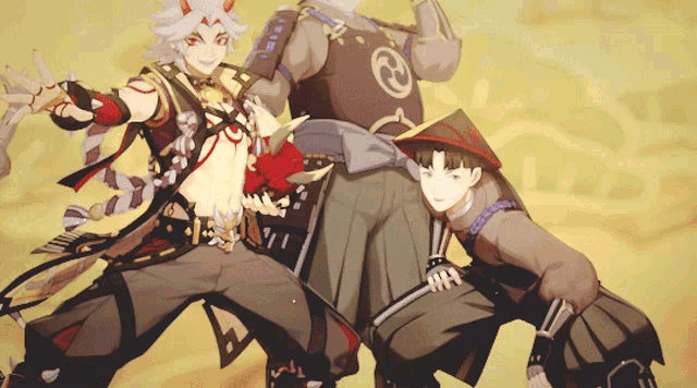 three anime characters are posing for a picture with one wearing a hat