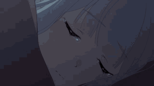a girl with purple eyes is crying with her eyes closed