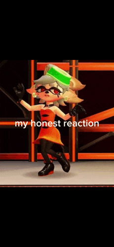 a cartoon character is dancing on a stage with the words `` my honest reaction '' written on the bottom .