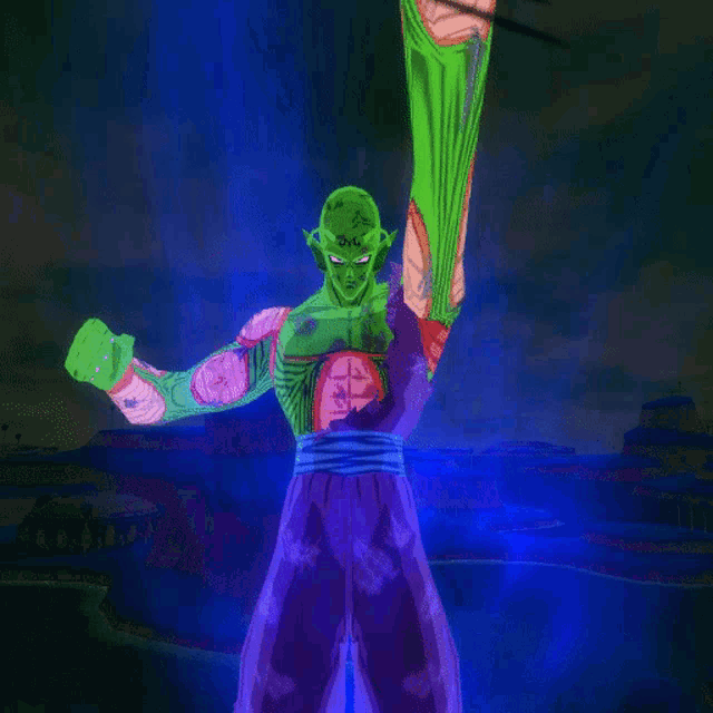a green and purple cartoon character with a blue background