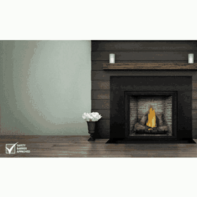 a fireplace with a safety label on the bottom right