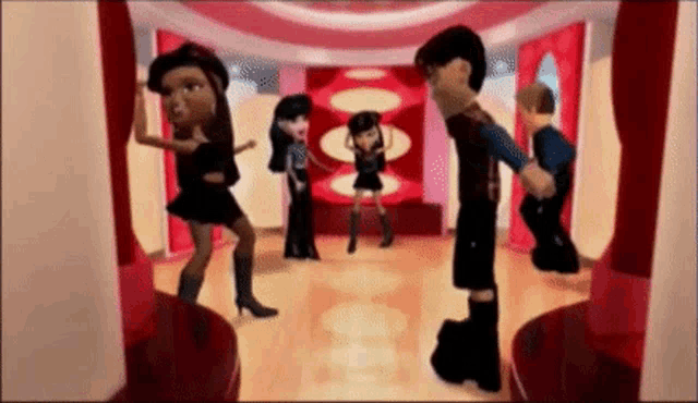 a group of cartoon characters are dancing in a room with red curtains .