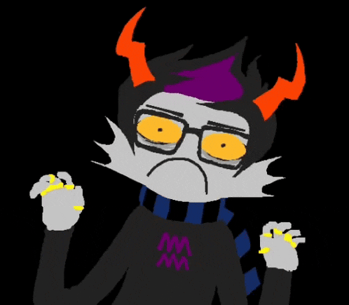 a cartoon drawing of a troll with a purple hat and horns