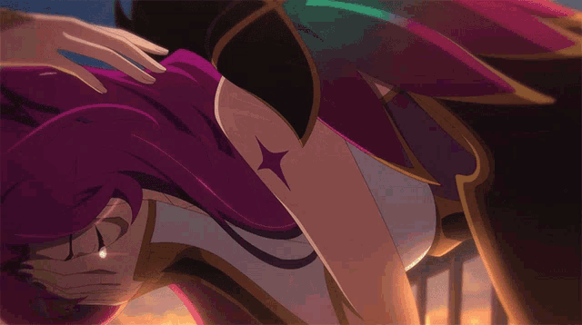 a woman with purple hair is being touched by another woman