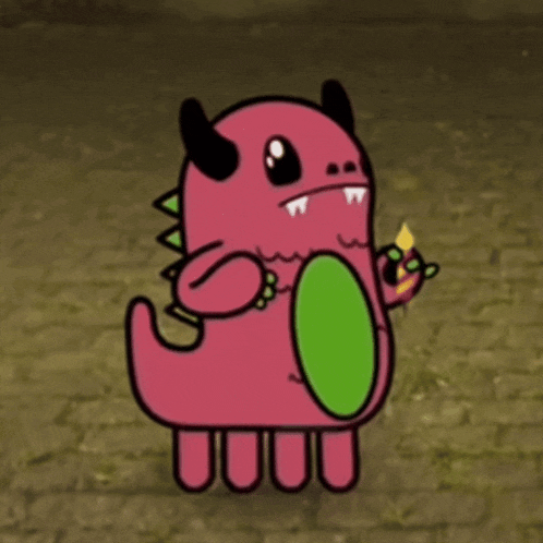 a cartoon drawing of a monster with horns and a green tail