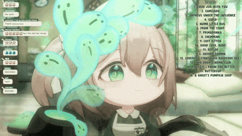 a girl with green eyes is surrounded by ghosts and a list of songs on the bottom