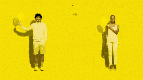a man holding a tennis racquet and a woman holding a tennis racket on a yellow background