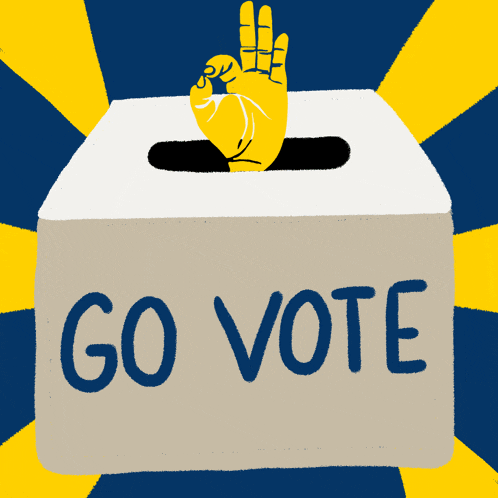 an illustration of a hand sticking out of a ballot box that says " go vote "