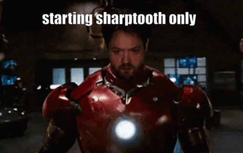 a man in a superhero costume with the words starting sharptooth only