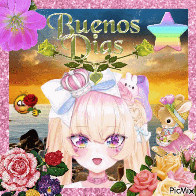a picture of a girl surrounded by flowers and the words buenos dias