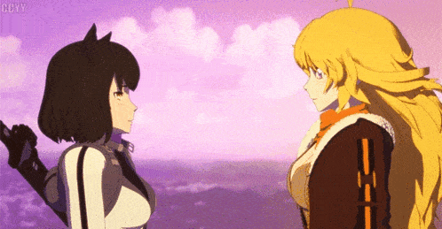 two anime girls are standing next to each other in front of a purple sky .