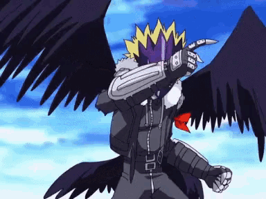 a cartoon character with black wings and a purple and yellow head