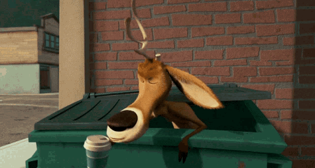 a cartoon deer is sticking its head out of a green trash can