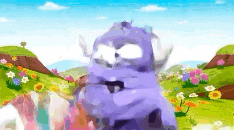 a purple monster with horns is standing in a field of flowers