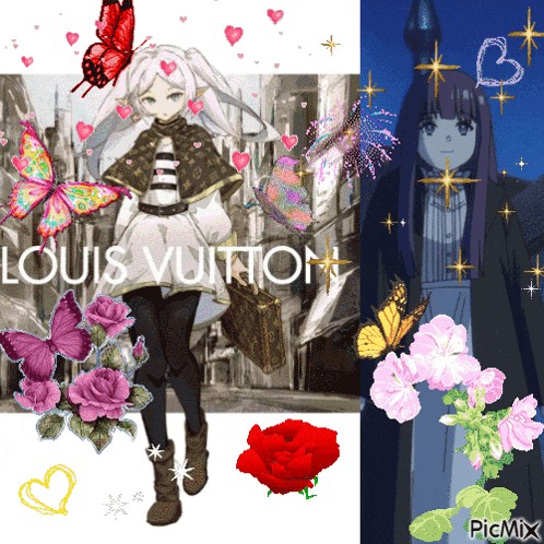 a picture of a girl with a louis vuitton logo in the background
