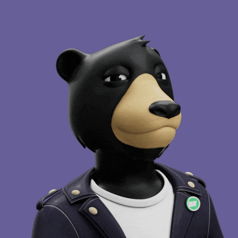 a black bear wearing a leather jacket and a green button that says crew