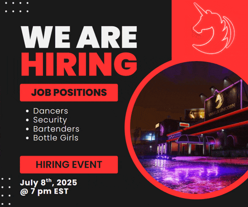 a poster that says we are hiring and has a picture of a building