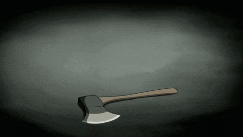 a drawing of an axe with a wooden handle on a gray background