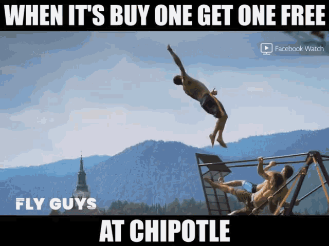 a picture of a man jumping off a cliff with the caption " fly guys at chipotle "